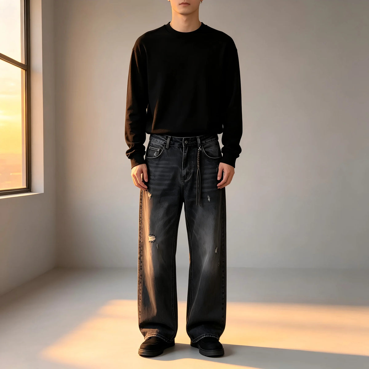 Jean Ample Homme Vintage Streetwear – Lavage Noir Fané Déchiré | Cordon Taille | Toutes Saisons