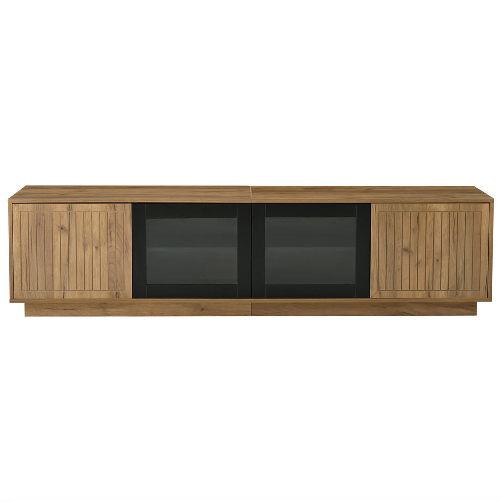 Meuble TV 180x40x45 cm Bois Naturel & Noir – LED App | 4 Portes | Verre Trempé | 3 Niveaux | TV 75"