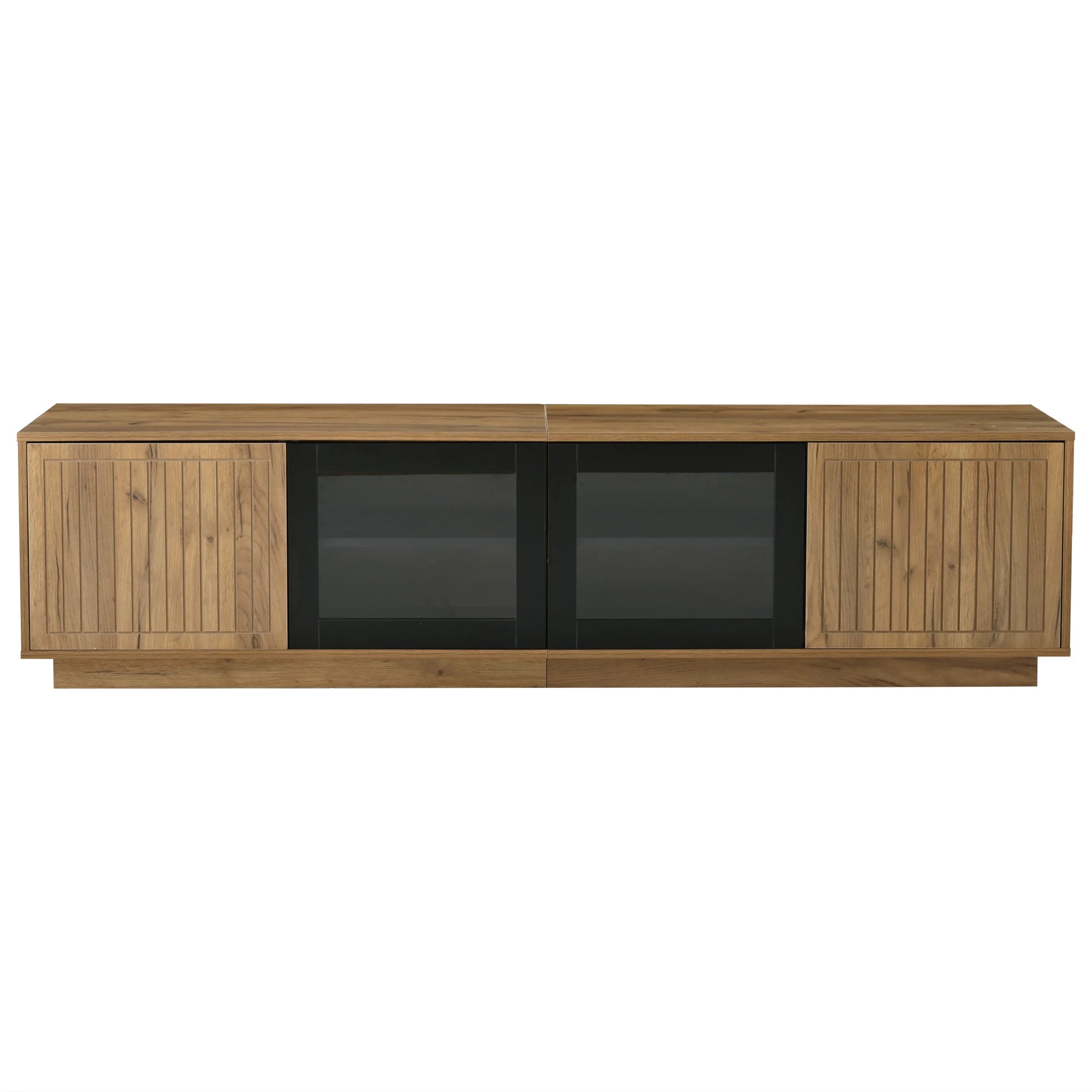 Meuble TV 180x40x45 cm Bois Naturel & Noir – LED App | 4 Portes | Verre Trempé | 3 Niveaux | TV 75"