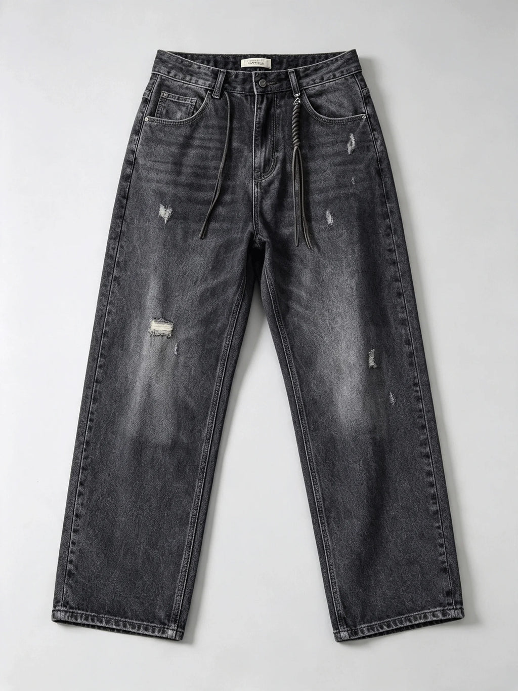 Jean Ample Homme Vintage Streetwear – Lavage Noir Fané Déchiré | Cordon Taille | Toutes Saisons