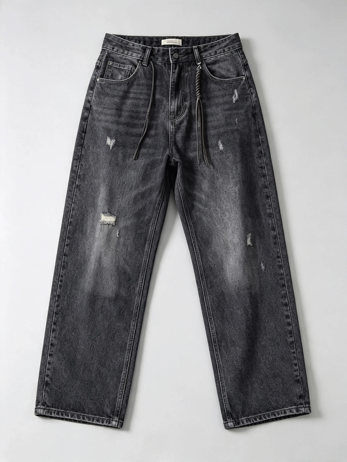 Jean Ample Homme Vintage Streetwear – Lavage Noir Fané Déchiré | Cordon Taille | Toutes Saisons