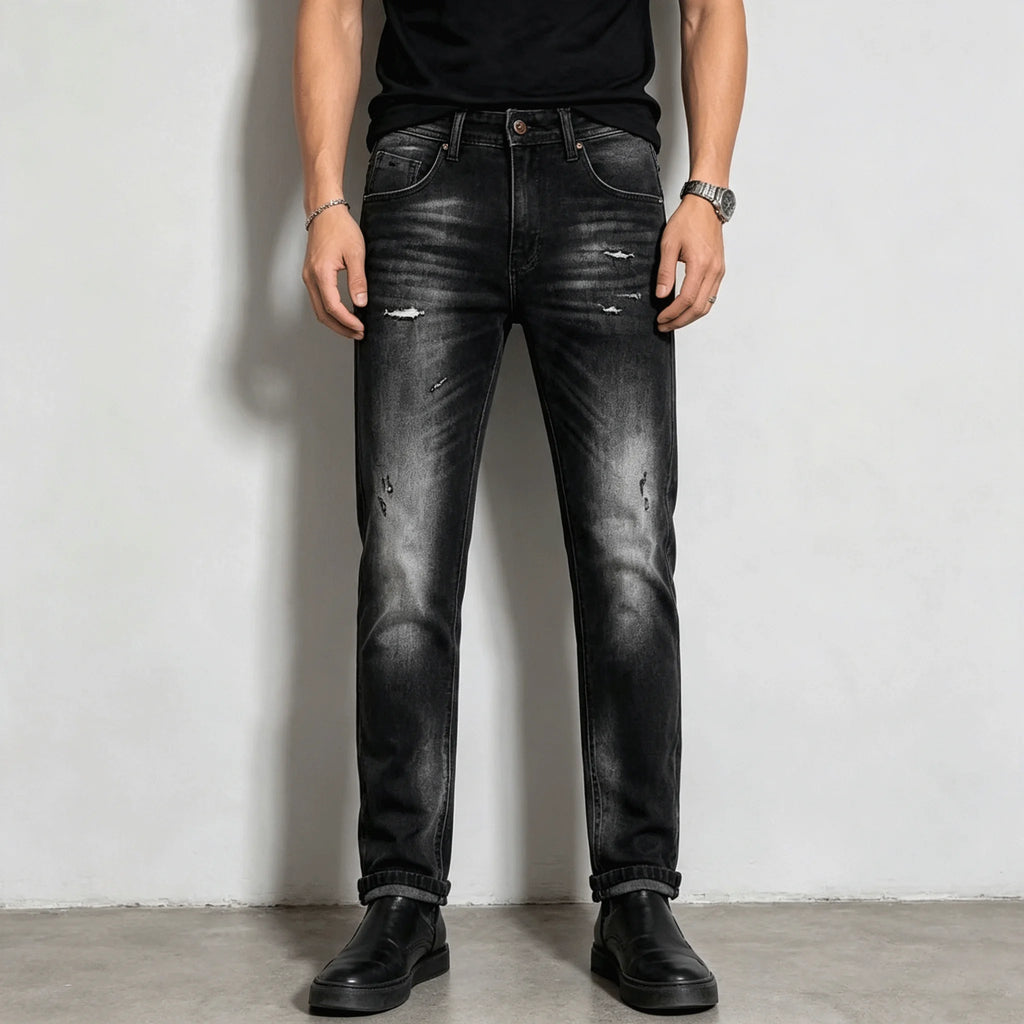Jean Noir Dégradé Coupe Droite Homme – Effet Déchiré & Wash