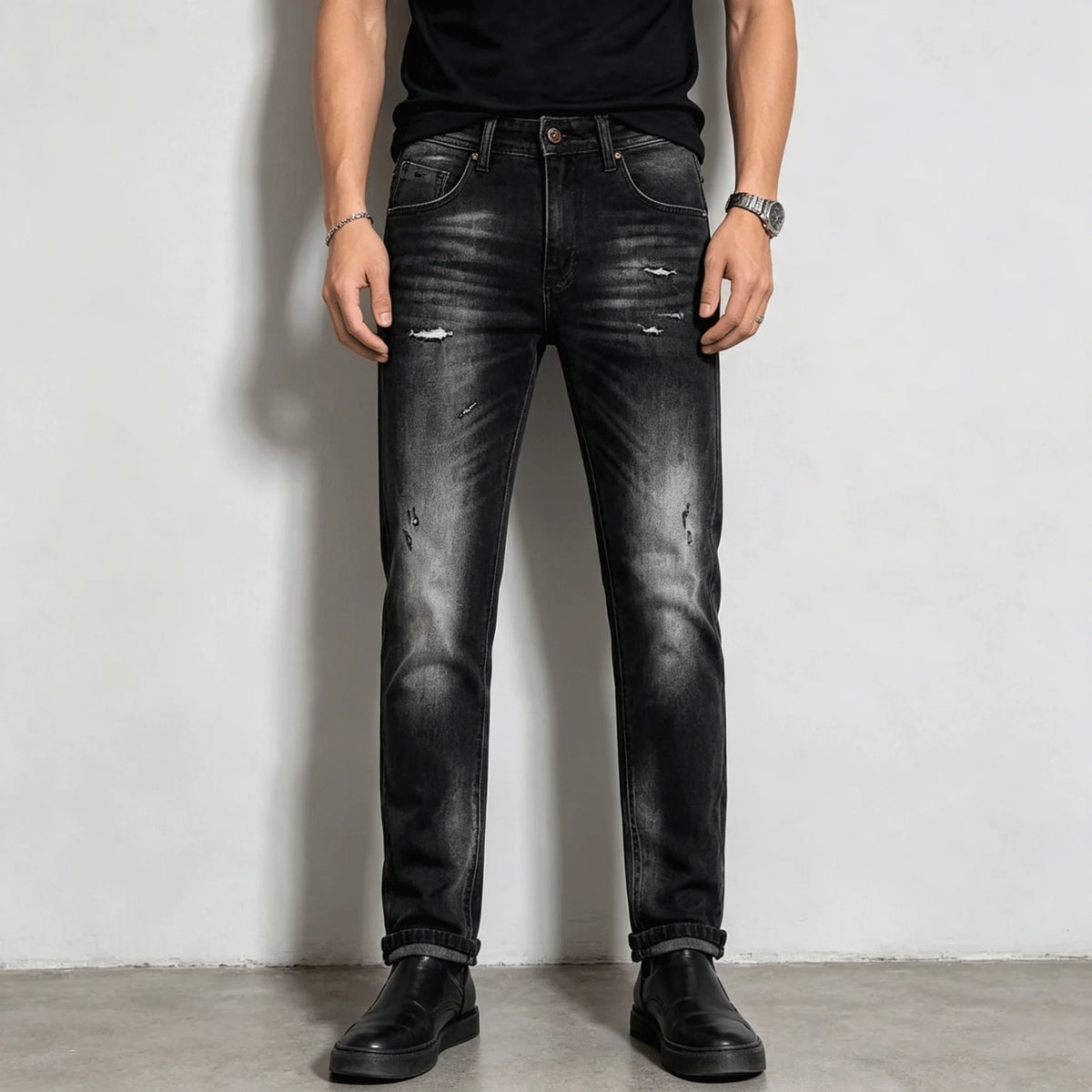 Jean Noir Dégradé Coupe Droite Homme – Effet Déchiré & Wash
