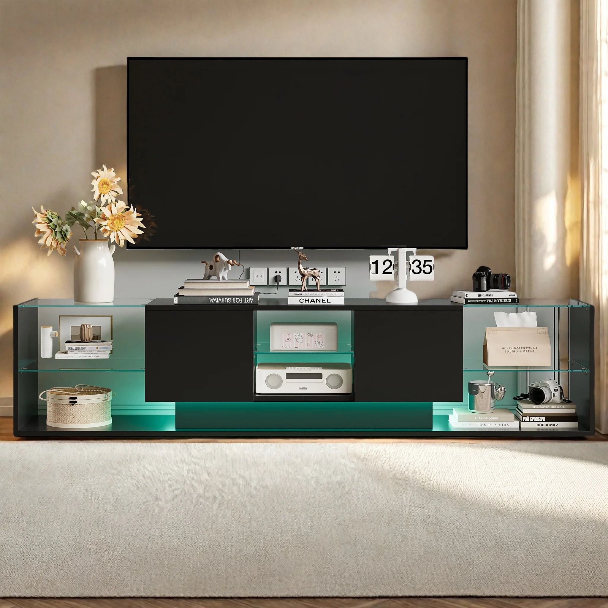 Meuble TV Comanlai 200x45x35 cm Noir – LED RGB 24 Couleurs | 2 Tiroirs | Étagères Verre | Design Flottant