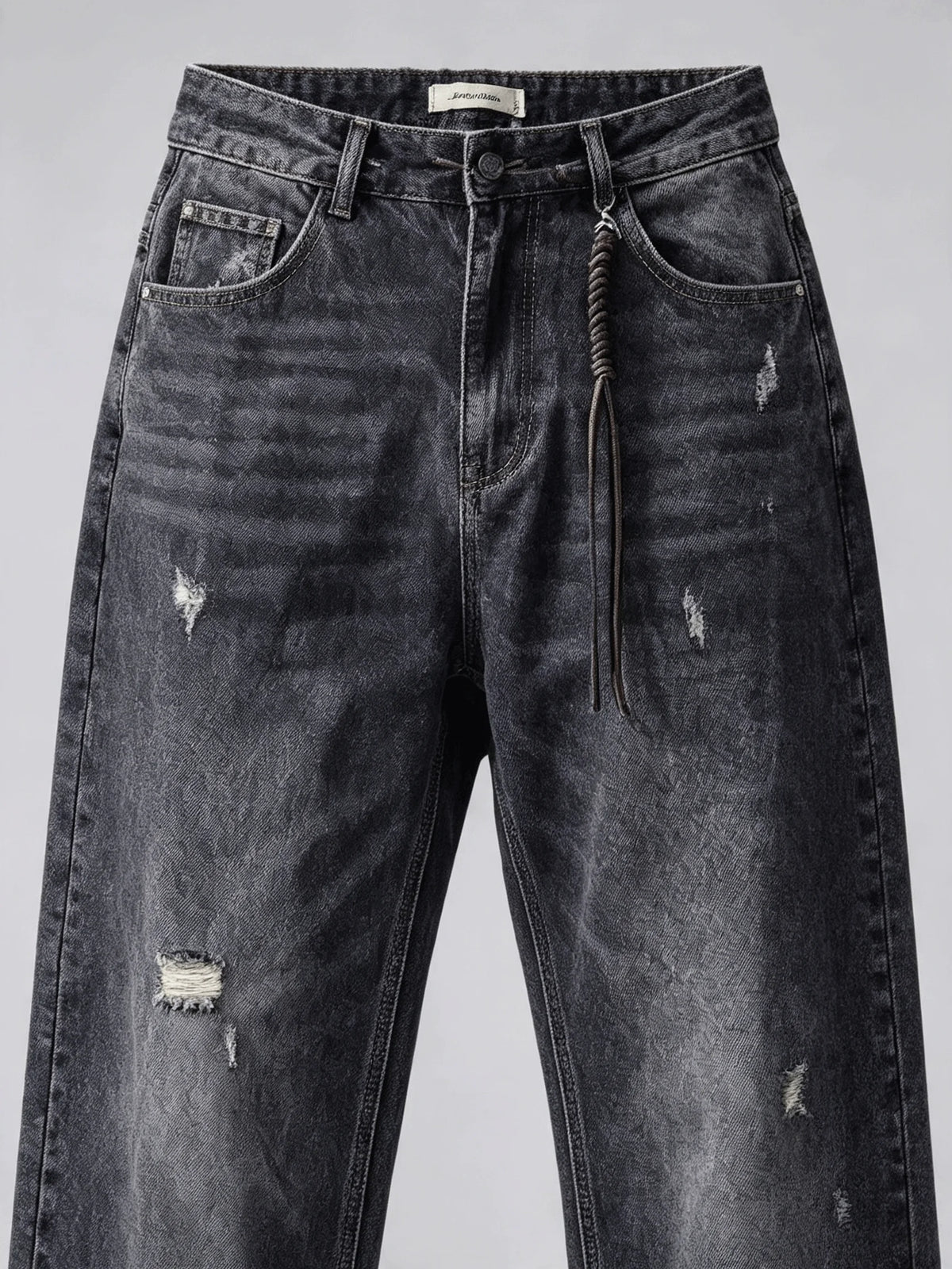 Jean Ample Homme Vintage Streetwear – Lavage Noir Fané Déchiré | Cordon Taille | Toutes Saisons