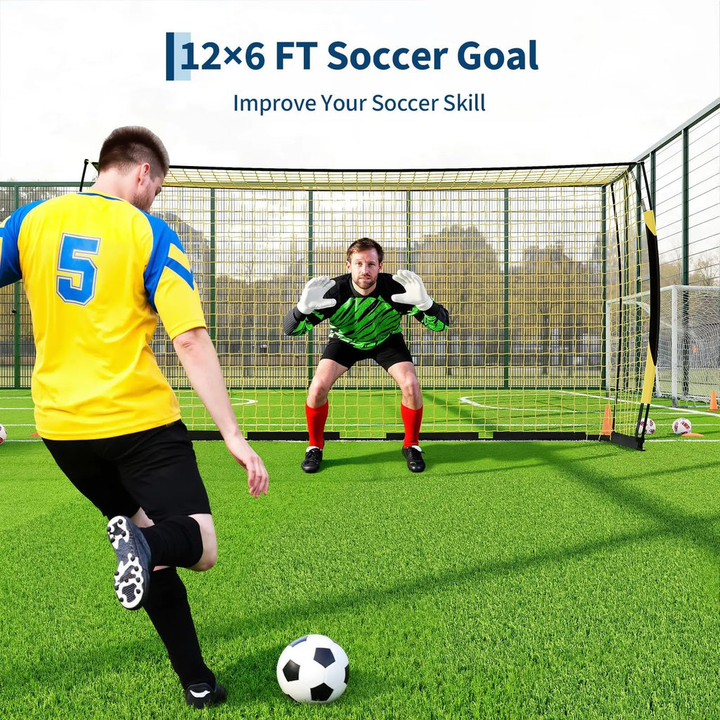 Portable Soccer Goal, Soccer Practice Net Wth Foldable Metal Base, 4 U-Shaped Ground Pegs and Storage Bag, 365cm × 182cm