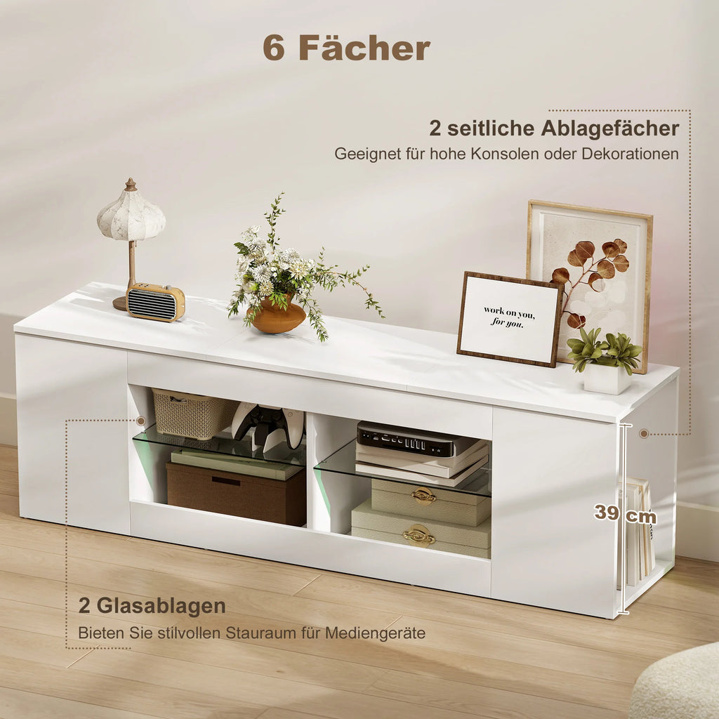 Meuble TV Blanc Minimaliste 140x42,5 cm – Verre Trempé | 6 Compartiments | TV 65" | Certifié FSC | Salon
