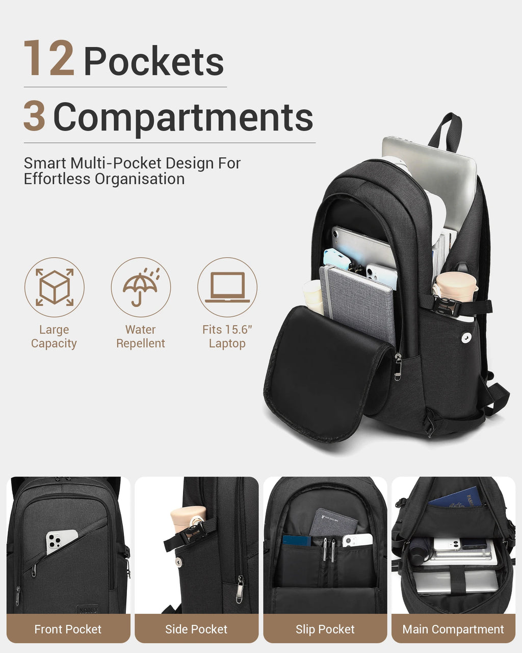 Kono anti-theft laptop backpack for travel business work and computer safety design for laptop up to 15.6 inches