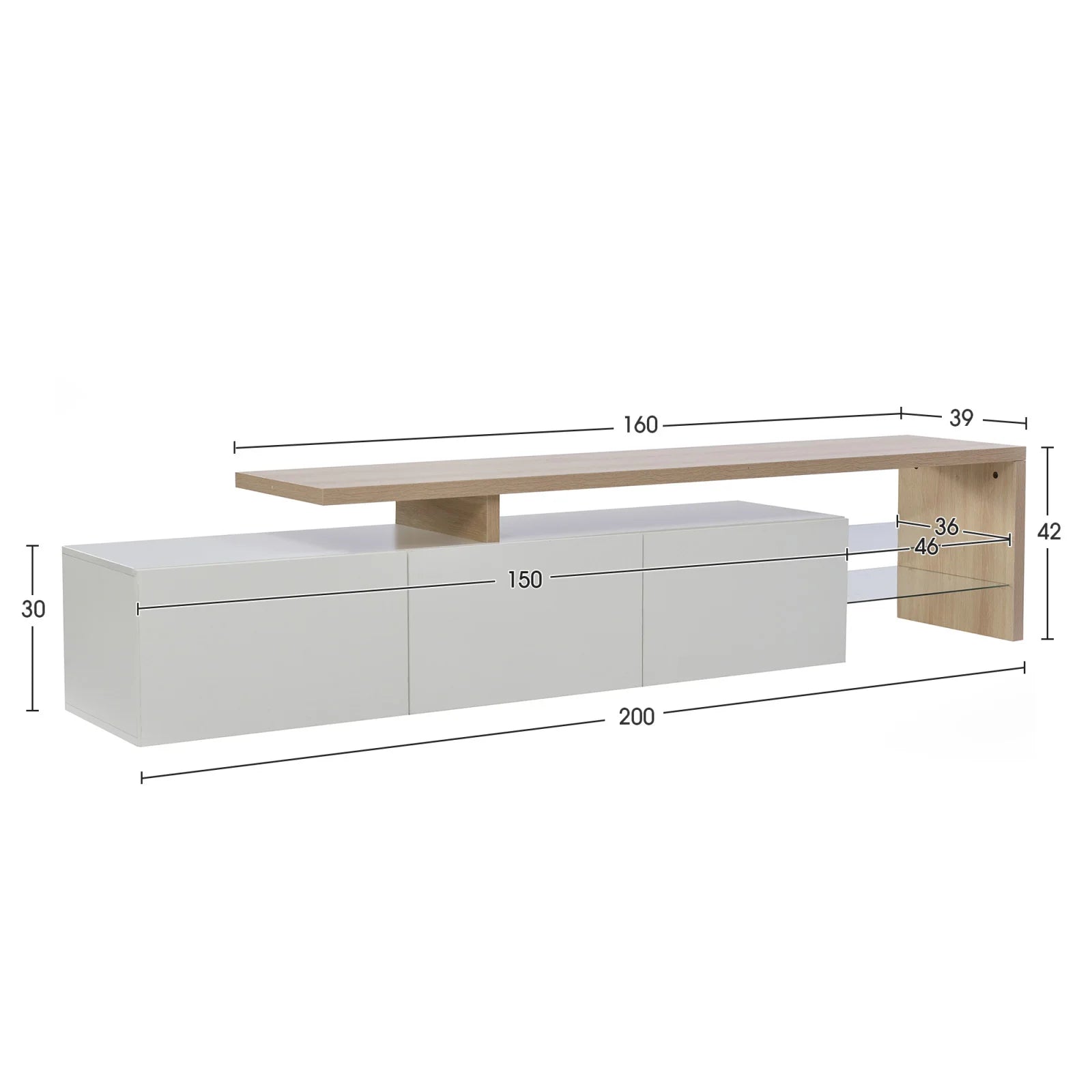 Meuble TV Anajqaqia 200x39x42 cm Blanc – 3 Portes | 2 Étagères Verre Trempé | Bicolore Bois | Salon
