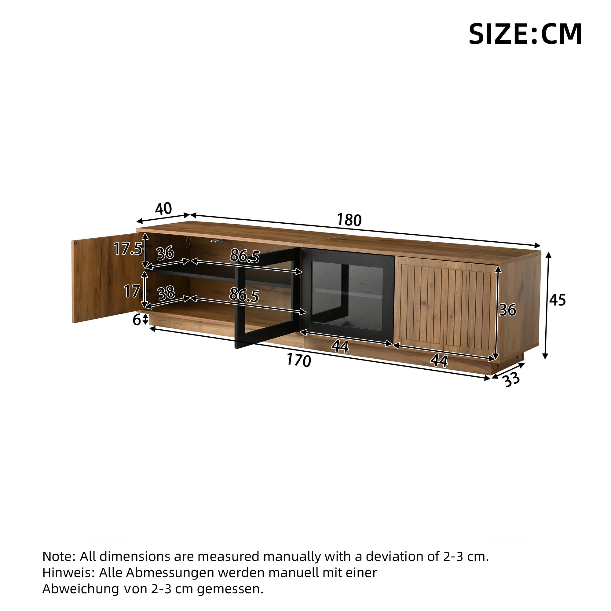 Meuble TV 180x40x45 cm Bois Naturel & Noir – LED App | 4 Portes | Verre Trempé | 3 Niveaux | TV 75"