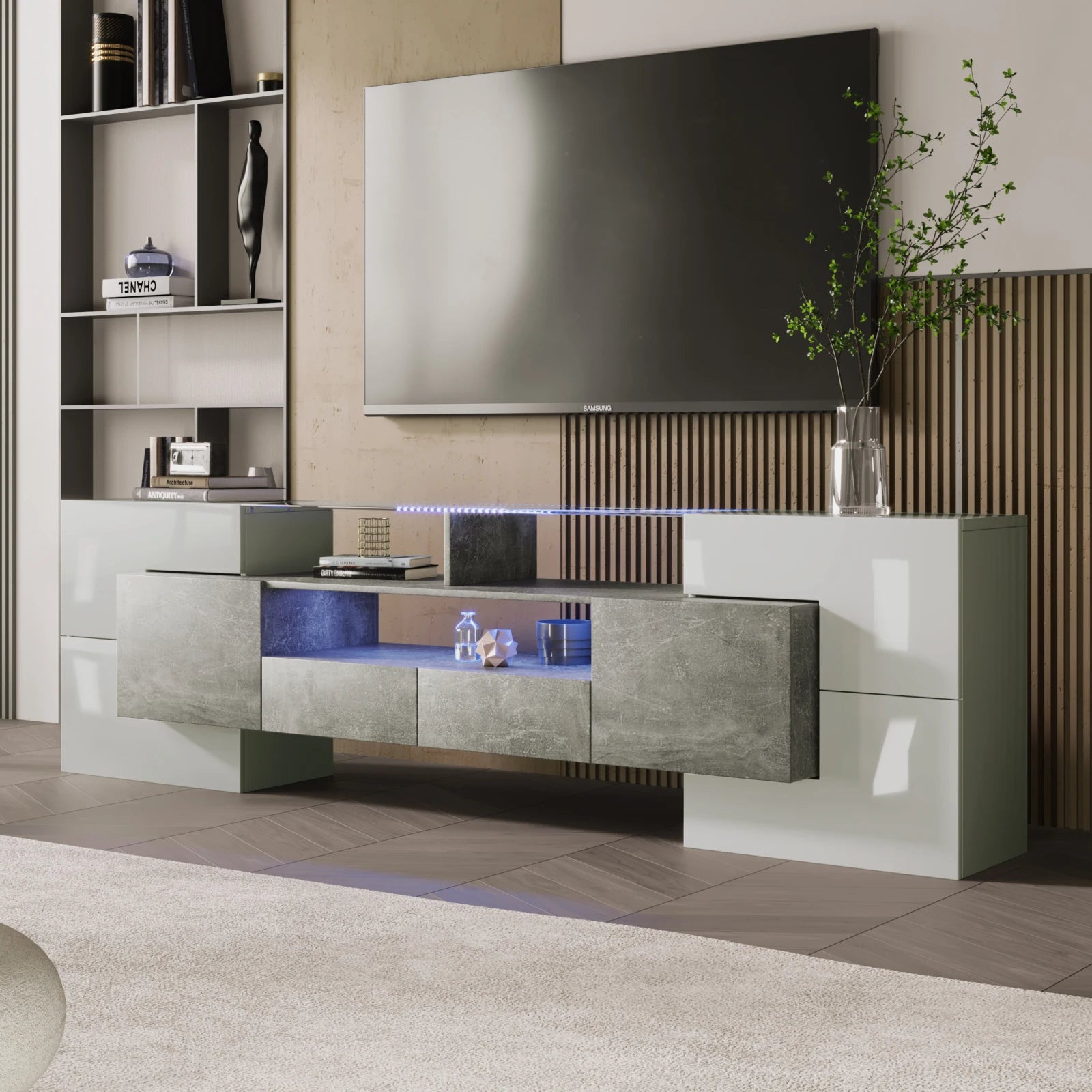 Meuble TV Anajqaqia 200x35x60 cm Blanc Haute Brillance – LED | 6 Portes | 2 Tiroirs | 3 Niches | Salon