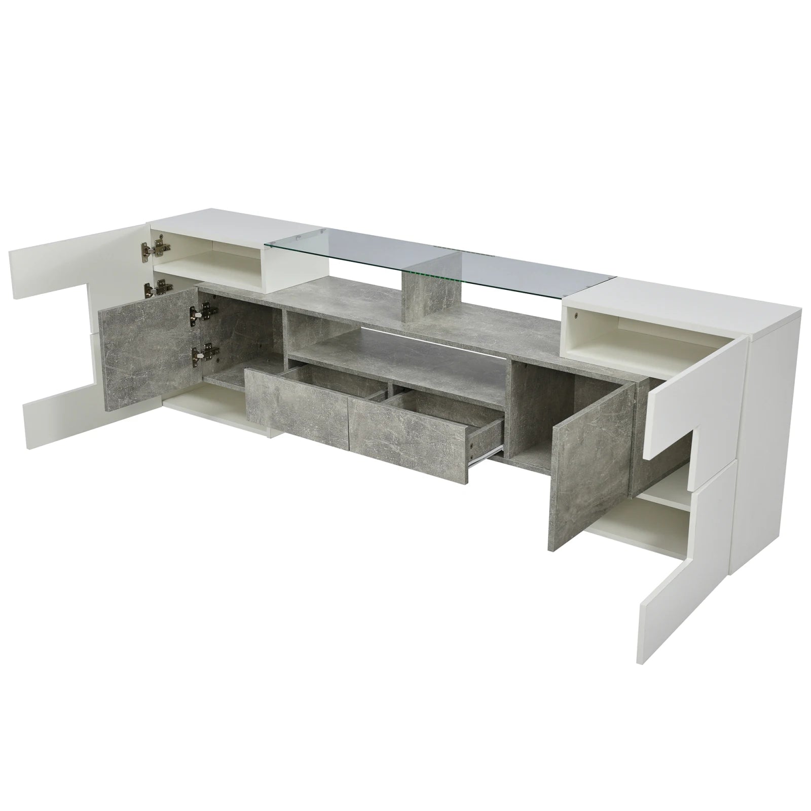 Meuble TV Anajqaqia 200x35x60 cm Blanc Haute Brillance – LED | 6 Portes | 2 Tiroirs | 3 Niches | Salon