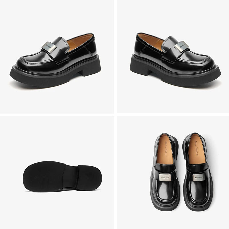 Mocassins Femme BeauToday – Cuir Véritable, Bout Rond & Décor Métal Argenté | Fait Main