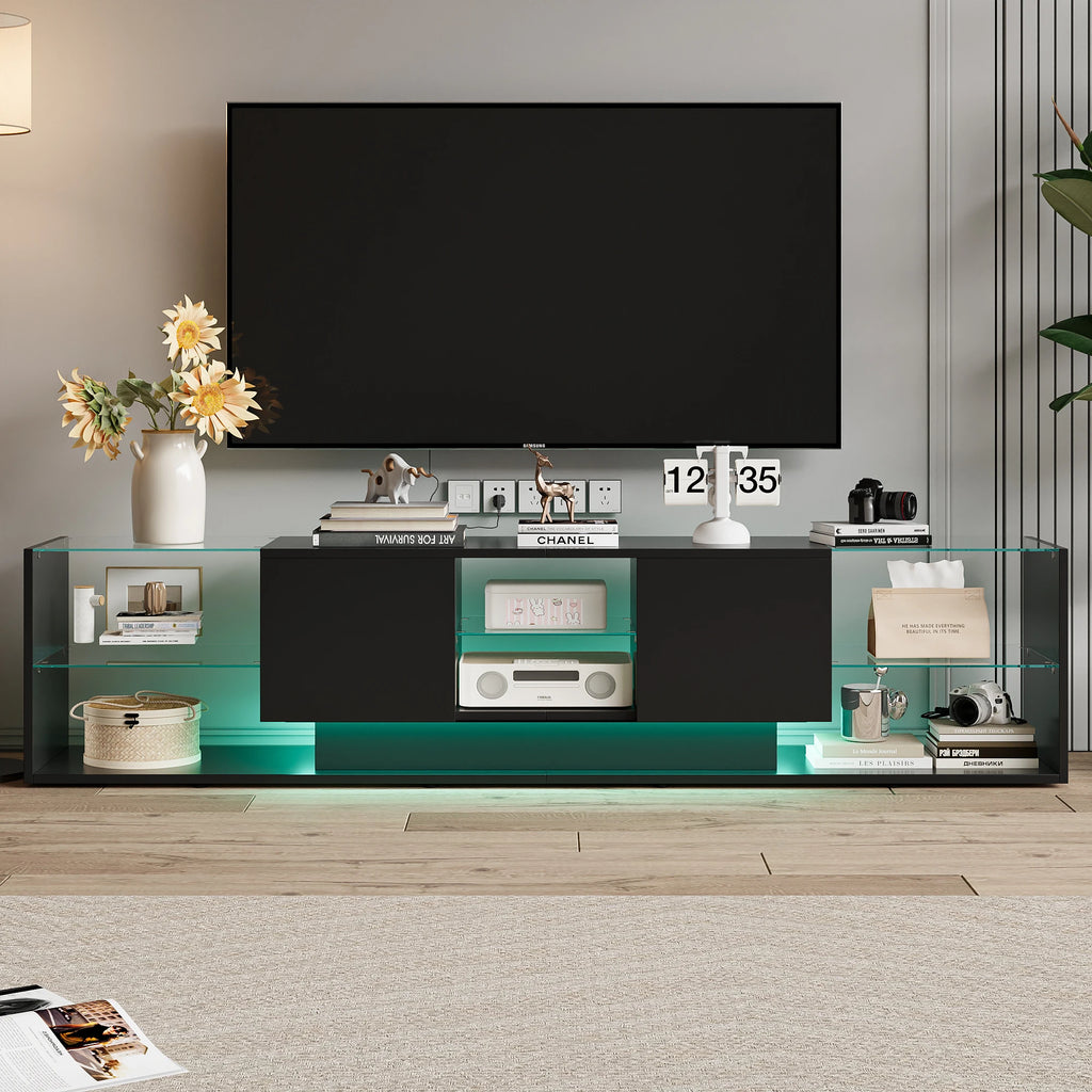 Meuble TV Comanlai 200x45x35 cm Noir – LED RGB 24 Couleurs | 2 Tiroirs | Étagères Verre | Design Flottant