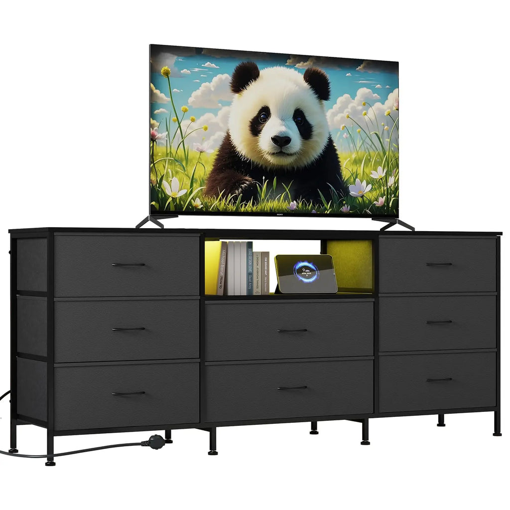 Meuble TV LED 160 cm – 8 Tiroirs Tissu | Cadre Acier | TV 75" | Gris Foncé | Salon & Chambre