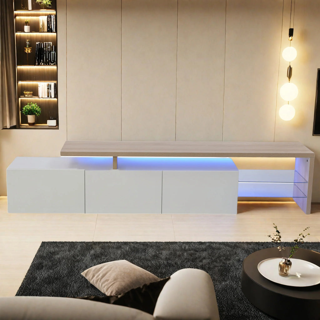 Meuble TV Anajqaqia 200x39x42 cm Blanc – 3 Portes | 2 Étagères Verre Trempé | Bicolore Bois | Salon