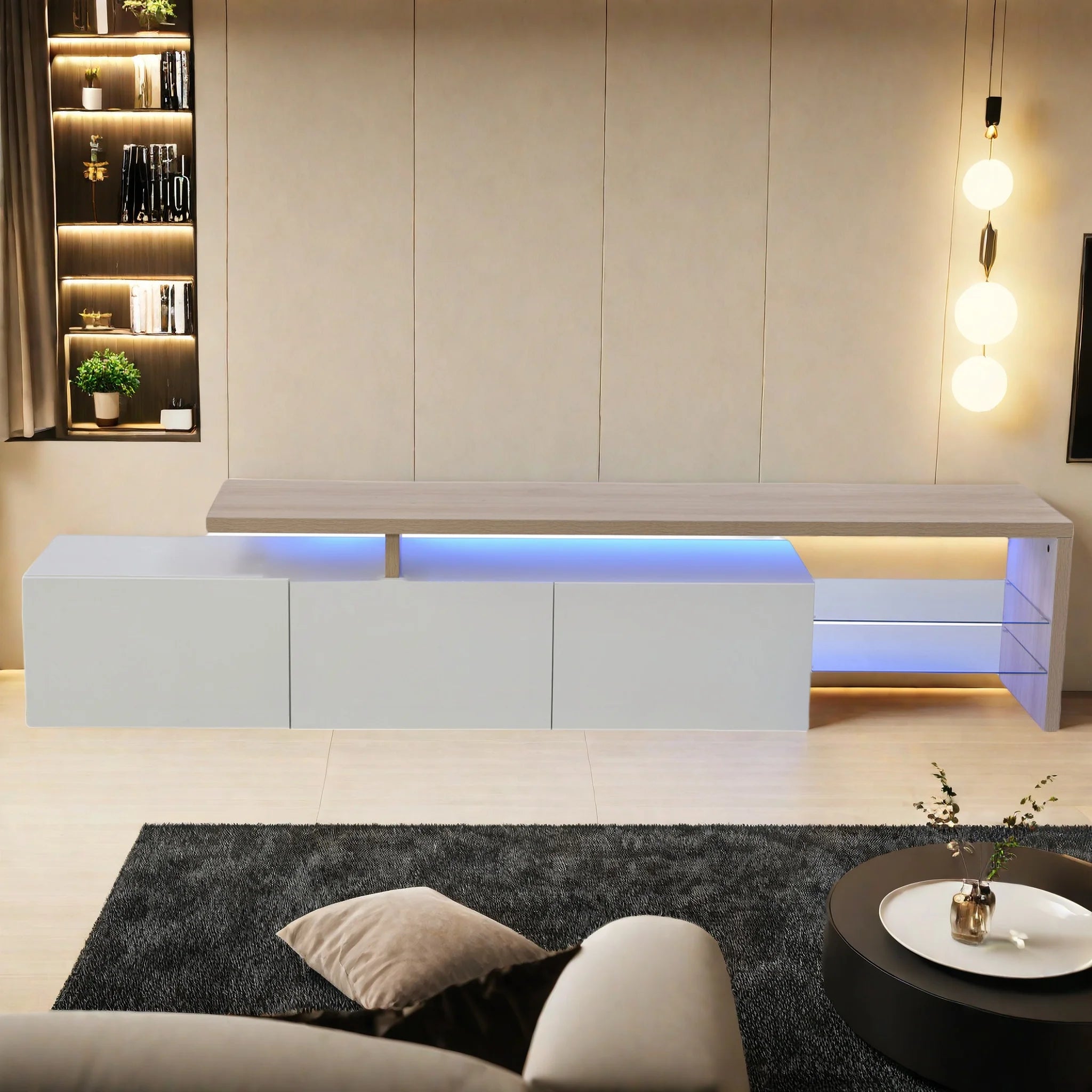 Meuble TV Anajqaqia 200x39x42 cm Blanc – 3 Portes | 2 Étagères Verre Trempé | Bicolore Bois | Salon