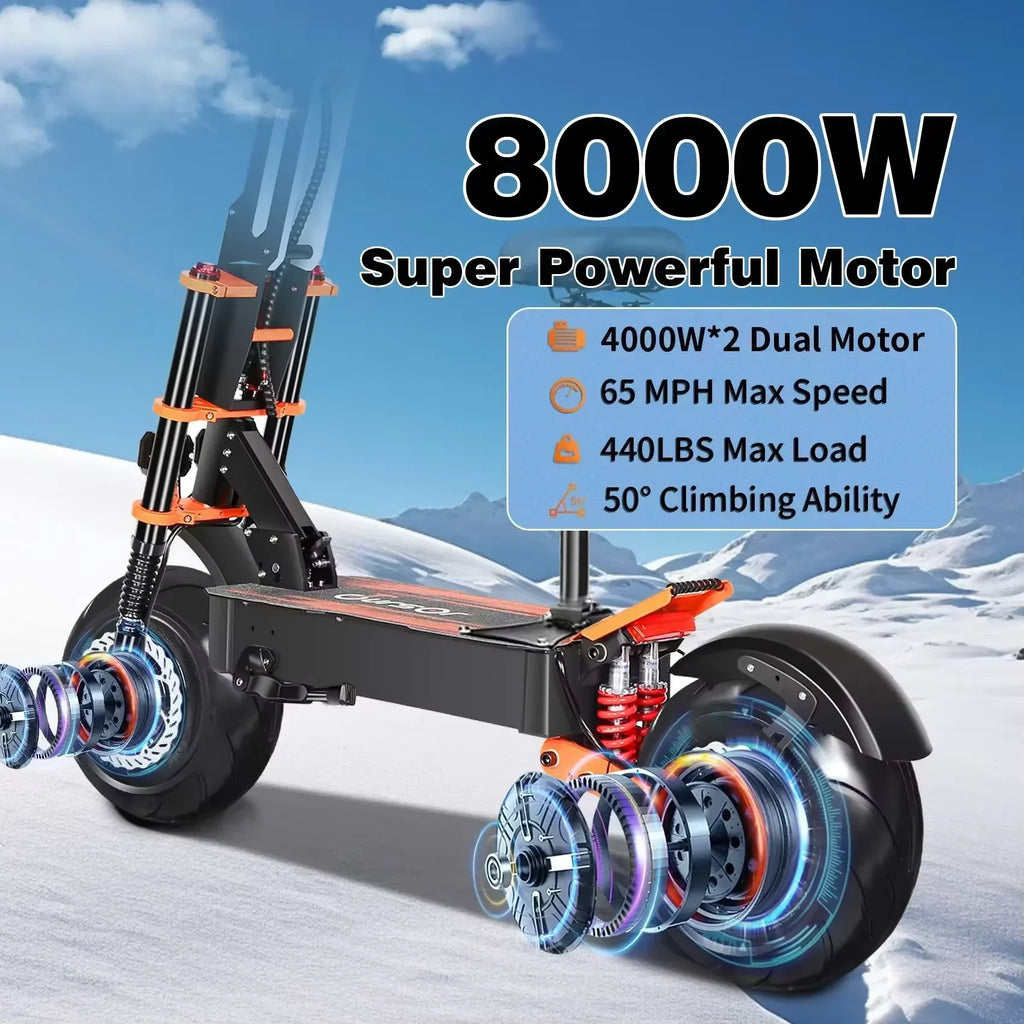 Trottinette Électrique EU X8 Adulte 8000W Double Moteur 60V 38AH – Tout-terrain 14 pouces, Vitesse max 100 km/h, Autonomie 120 km, Charge 200 kg
