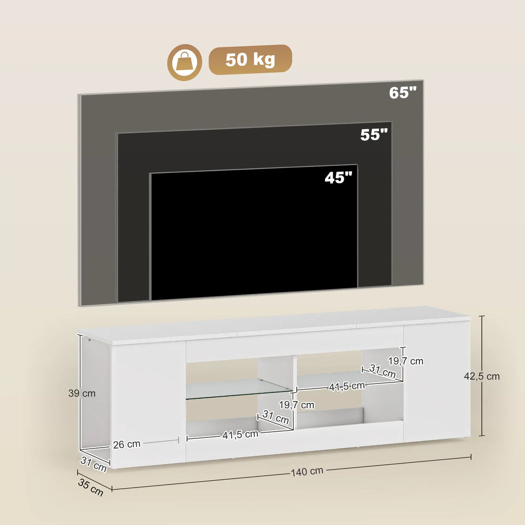 Meuble TV Blanc Minimaliste 140x42,5 cm – Verre Trempé | 6 Compartiments | TV 65" | Certifié FSC | Salon