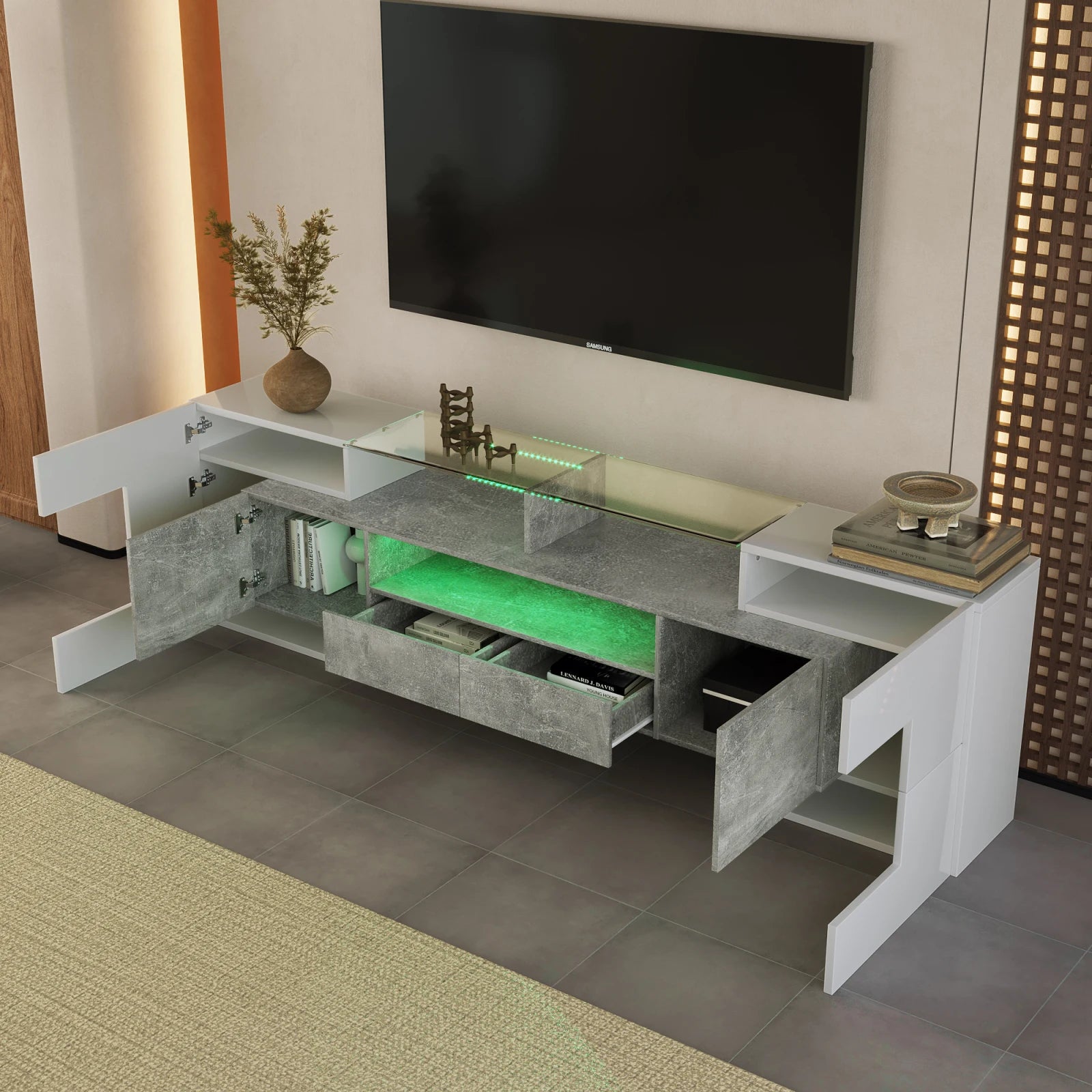 Meuble TV Anajqaqia 200x35x60 cm Blanc Haute Brillance – LED | 6 Portes | 2 Tiroirs | 3 Niches | Salon
