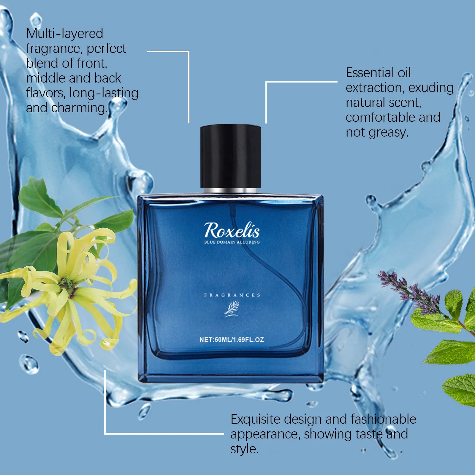 Roxelis Blue Domain Cologne Phéromone Homme 50ml – Senteur Citrusée Séduisante Longue Durée