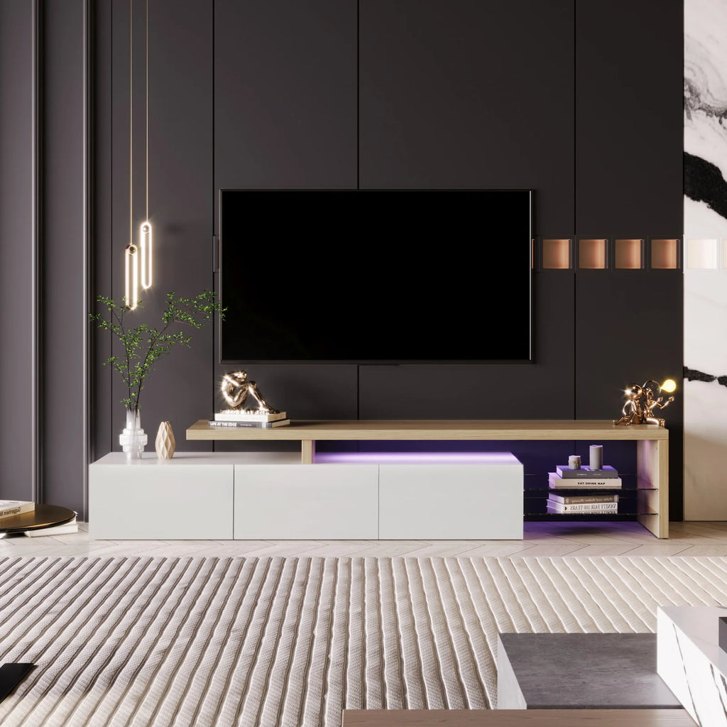 Meuble TV Anajqaqia 200x39x42 cm Blanc – 3 Portes | 2 Étagères Verre Trempé | Bicolore Bois | Salon