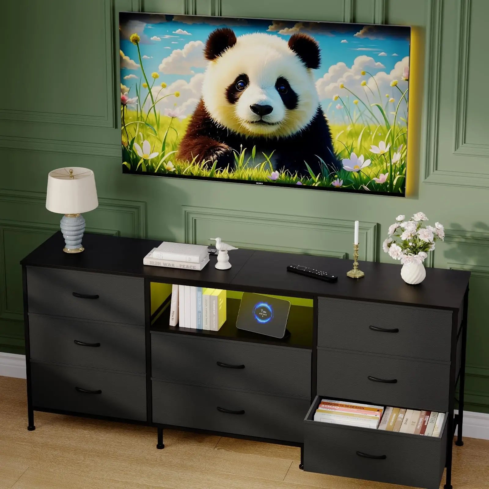 Meuble TV LED 160 cm – 8 Tiroirs Tissu | Cadre Acier | TV 75" | Gris Foncé | Salon & Chambre
