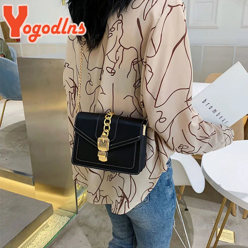 Sac Bandoulière Femme Yogodlns – Cuir PU Bicolore, Chaîne Dorée, Style Mode Été