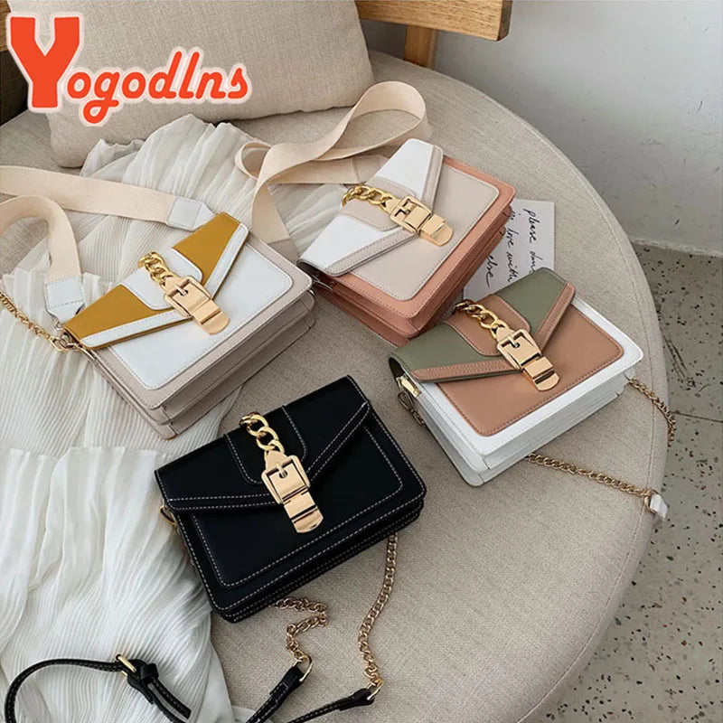 Sac Bandoulière Femme Yogodlns – Cuir PU Bicolore, Chaîne Dorée, Style Mode Été