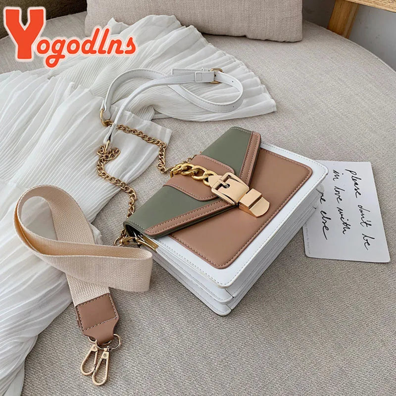 Yogodlns Women's Shoulder Bag – Two-Tone PU Leather, Gold Chain, Summer Fashion Style