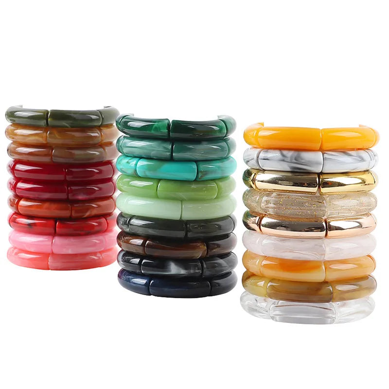 Bracelet Perles Acrylique Femme – Tube Bambou Géométrique Bohème | Cadeau Saint-Valentin