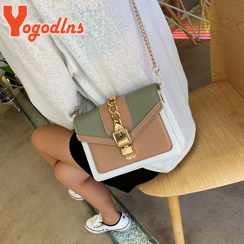 Sac Bandoulière Femme Yogodlns – Cuir PU Bicolore, Chaîne Dorée, Style Mode Été