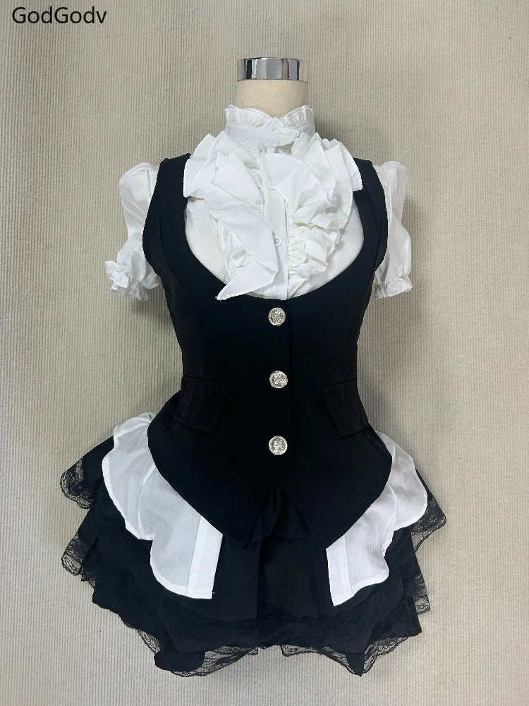 Ensemble 2 Pièces Femme Y2K Gothique – Top Bustier Sans Bretelles & Mini Jupe À Volants Taille Haute