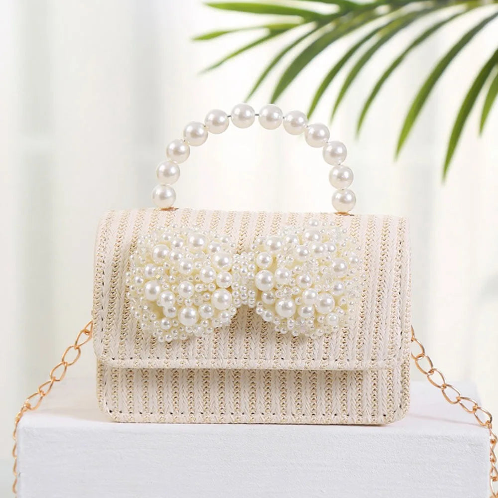 Summer Simple Straw Bag Pearl Bowknot Messenger Bag Fashion Holiday Crossbody Bag Women