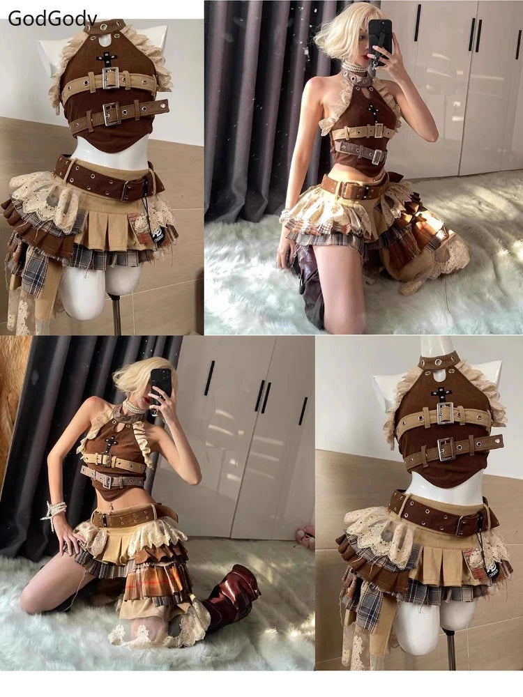Ensemble 2 Pièces Femme Y2K Gothique – Top Bustier Sans Bretelles & Mini Jupe À Volants Taille Haute