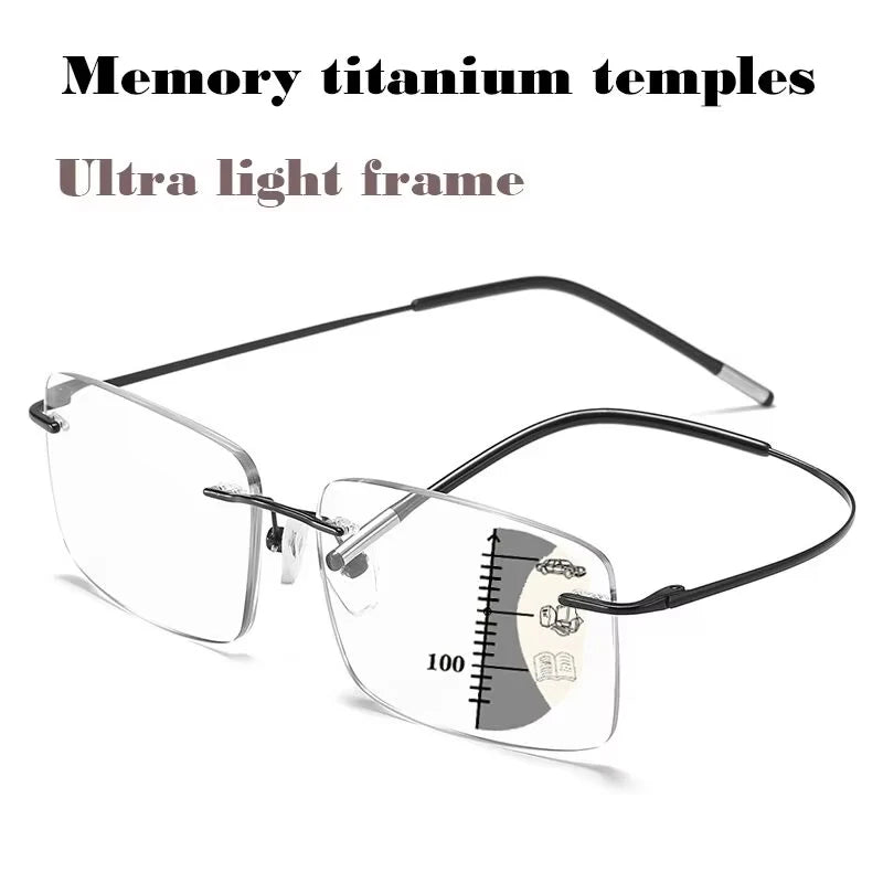Ultra Light Tr90 Rimless Progressive Multifocal Reading Glasses Men Titanium Frame Anti Blue Light Presbyopic Eyeglasses 1.5