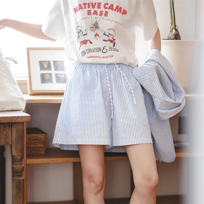 Ensemble Chemise & Short Rayé Bleu Blanc – Tailleur Décontracté Casual Été Femme