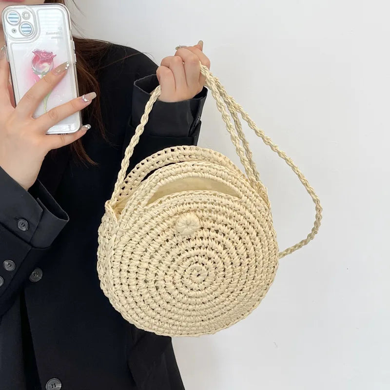 Round Straw Crossbody Bag Handmade Woven Shoulder Bag For Women Summer Beach Bag Bohemia Travel Small Handbag and Purse