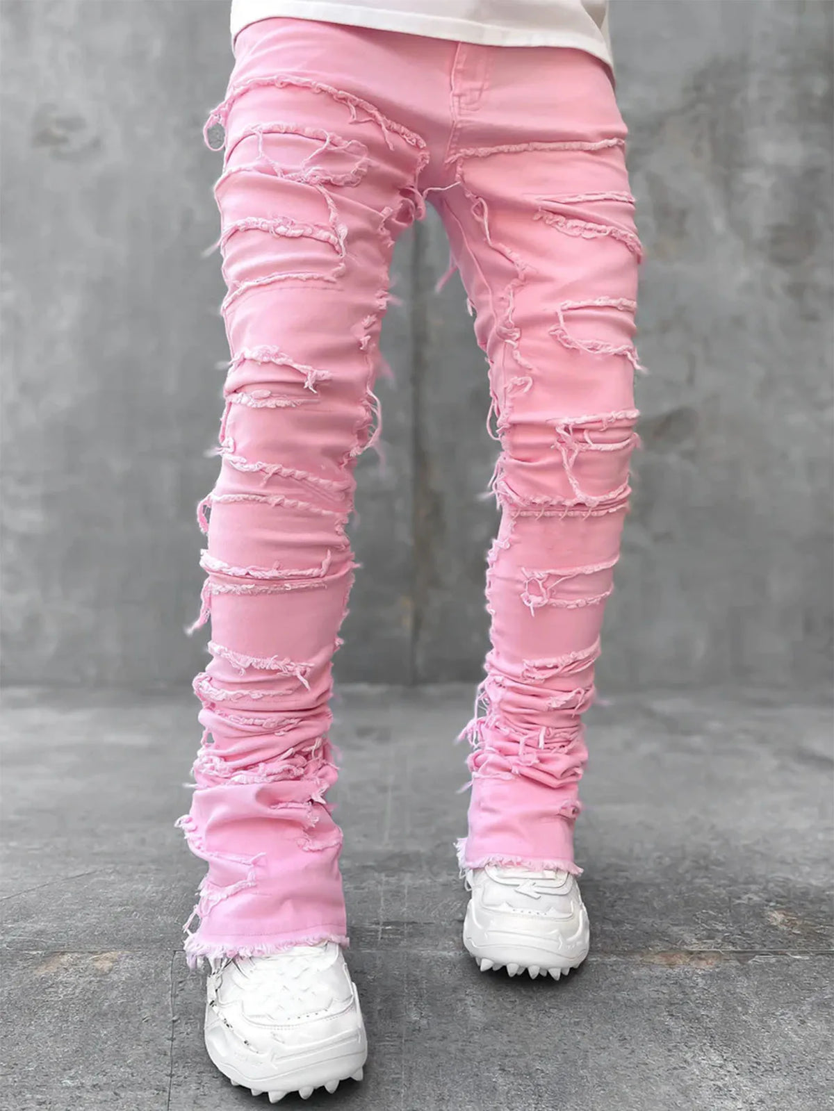 Jean Slim Stacked Homme Ripped Distressed Hip-Hop Streetwear 9 Coloris S-XXL