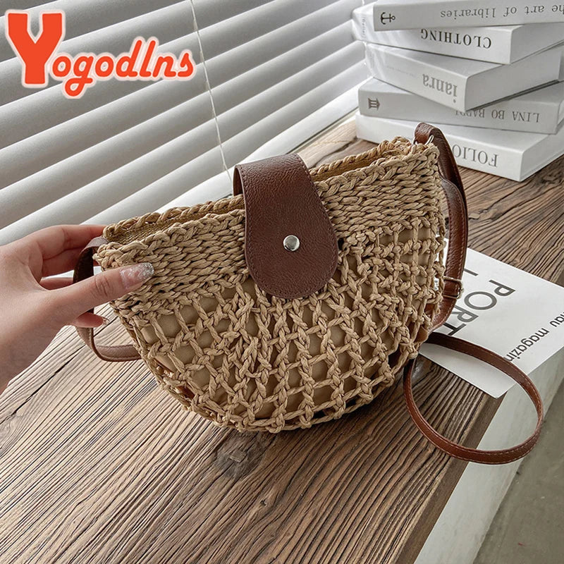 Sac de Plage Femme Yogodlns – Paille Rotin Tressé Fait Main, Forme Demi-Lune, Style Bohème