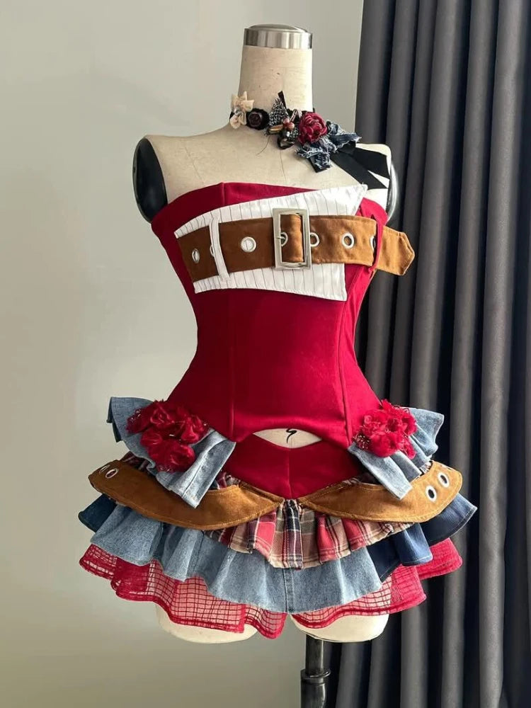 Ensemble 2 Pièces Femme Y2K Gothique – Top Bustier Sans Bretelles & Mini Jupe À Volants Taille Haute