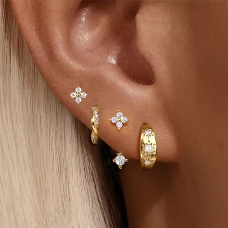 Lot de 4 Boucles d'Oreilles Créoles Zirconia – Étoile & Fleur, Acier Inoxydable, Femme
