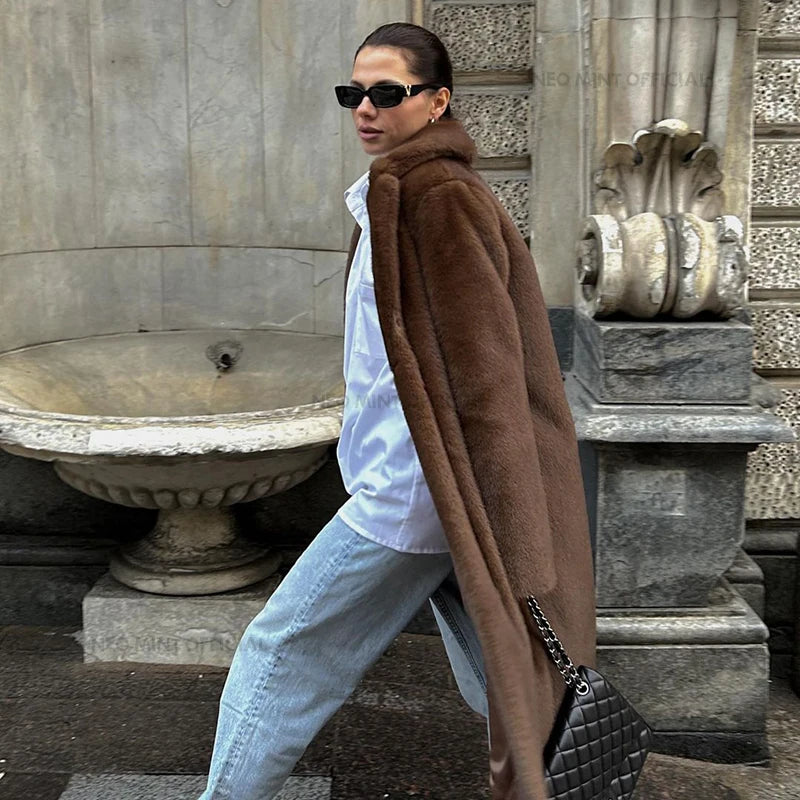 Neo Mint - Manteau Long en Fausse Fourrure de Vison pour Femme, Veste d'Hiver de Luxe avec Fermetures Cristal