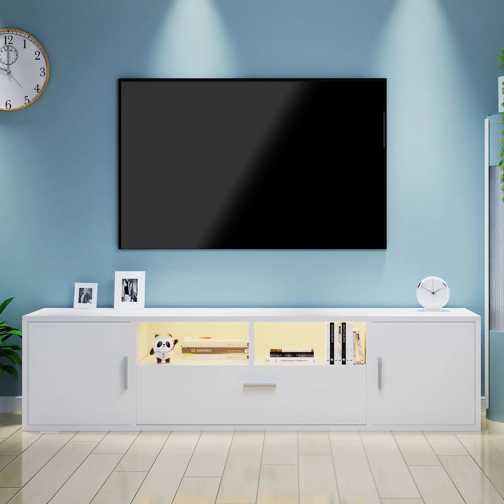 Meuble TV LED RGB 160 cm Style Scandinave – 16 Couleurs | 2 Portes | 1 Tiroir | Étagères Verre | TV 70"