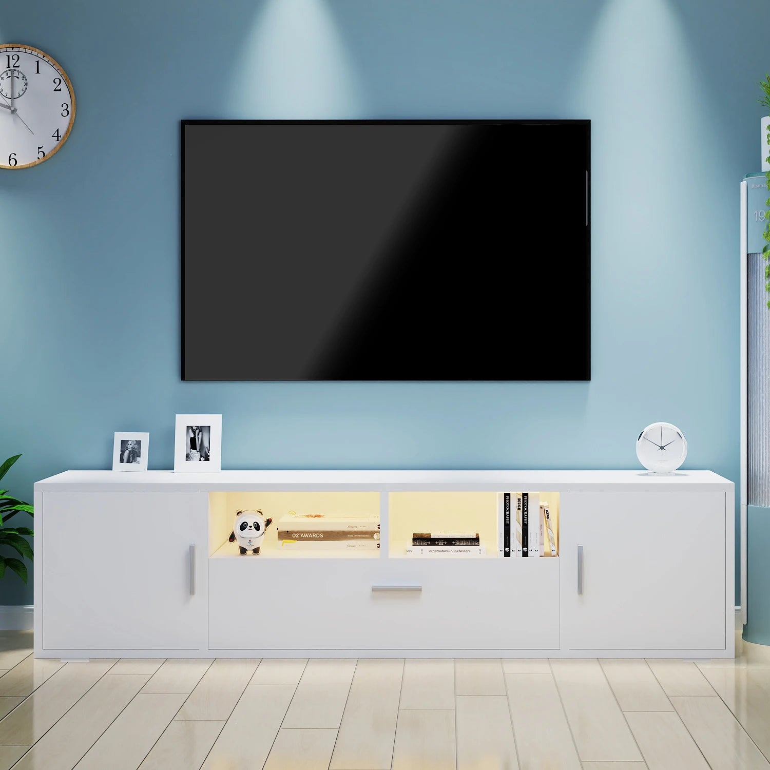Meuble TV LED RGB 160 cm Style Scandinave – 16 Couleurs | 2 Portes | 1 Tiroir | Étagères Verre | TV 70"