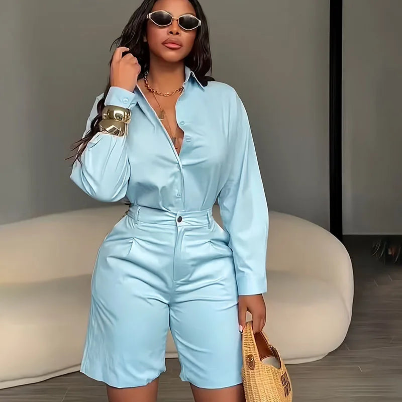 Doyerl Solid Elegant Fashion Zweiteiliges Set Damenbekleidung Lässiges Langarmhemd Top und Shorts passende Sets Ensembles Femme