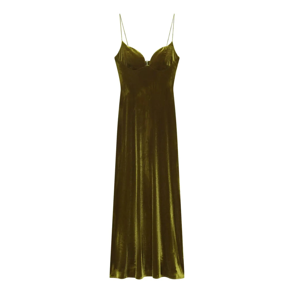 Robe Longue Velours Vert Bouteille – Dos Nu, Bretelles, Coupe A-Line Élégante