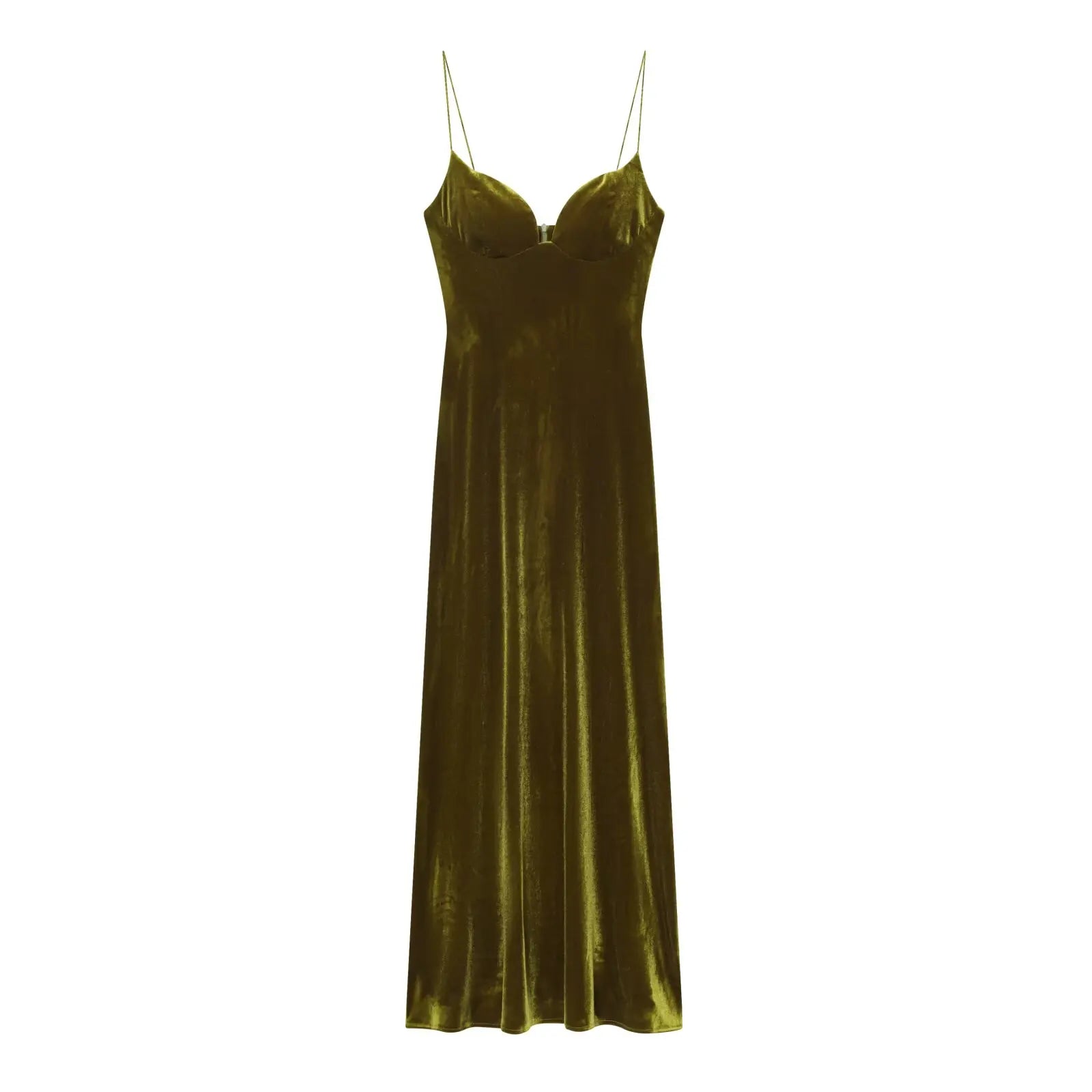 Robe Longue Velours Vert Bouteille – Dos Nu, Bretelles, Coupe A-Line Élégante