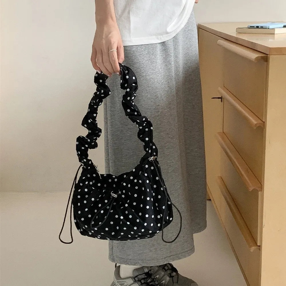 Versatile Polka Dot Underarm Bag Korean Style Large Capacity Drawstring Shoulder Bag Lightweight Clutch Purse