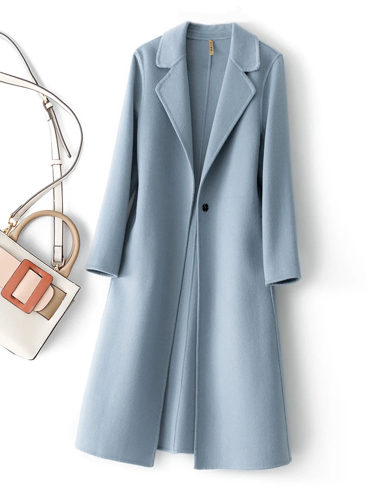 Fashionable Simple Women's Coat Autumn and Winter New One Button 100% Pure Wool Reversible Woolen Coat Long Wild Women's Top